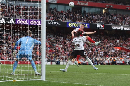 Viktor Gyökeres rises highest to score Arsenal’s third