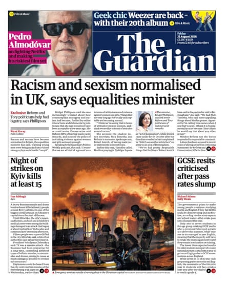 Front page of the Guardian 21 August 2026