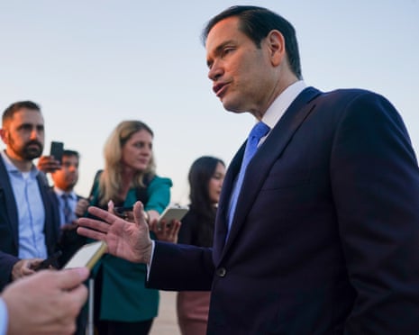 Marco Rubio speaking to media at Ben Gurion international airport as he departs Tel Aviv on Tuesday