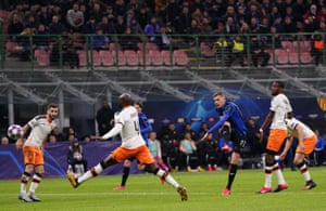 Atalanta’s Josip Ilicic fires home Atalanta’s second goal in their 4-1 win over Valencia in their Champions League round of 16, first leg match.