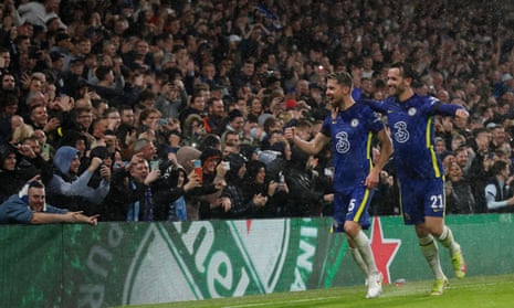 Chelsea’s Jorginho (left) celebrates scoring their fourth goal with Ben Chilwell in front of the jubilant Chelsea fans.
