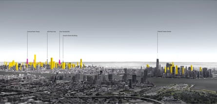 A graphic showing 159 sites in Manhattan that could potentially accommodate a residential skyscraper of 600ft or taller.