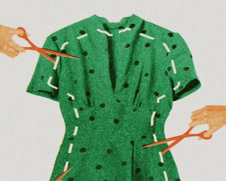 Green dress with dashed cut lines and scissors cutting around the silhouette