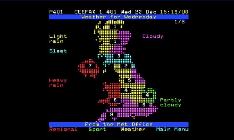 The weather forecast on Nathan Dane’s recreation of BBC Ceefax.