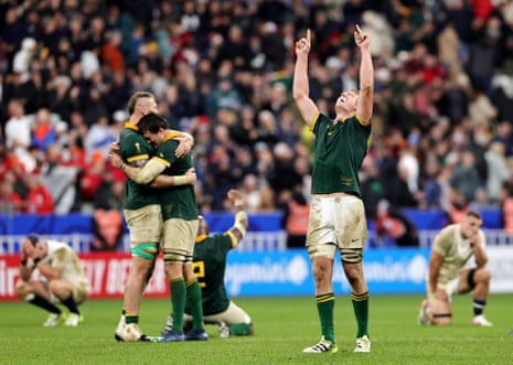Pieter-Steph Du Toit and his South Africa teammates celebrate their 2023 Rugby World Cup semi-final victory over England.
