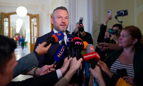 Former Slovak Prime Minister Peter Pellegrini addresses the media after voting at a polling station in Bratislava.