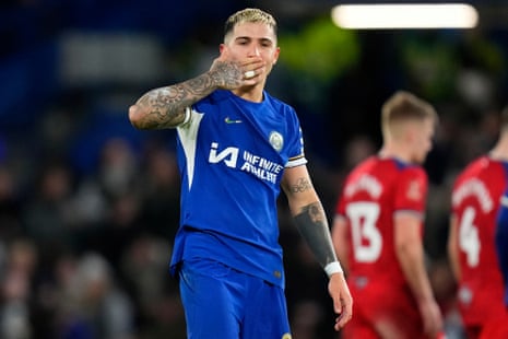 Chelsea's Enzo Fernandez celebrates after scoring his side's fourth goal against Preston North End.