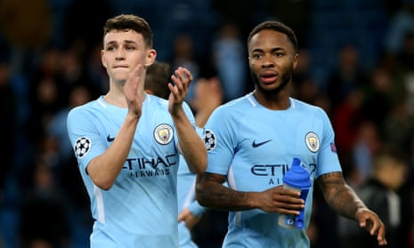 Phil Foden with Manchester City goalscorer Raheem Sterling after the 1-0 Champions League win against Feyenoord