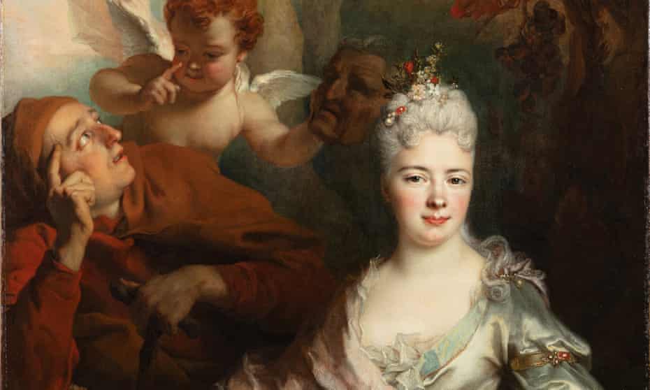Detial of a portrait featuring a woman in ornate robes against a backdrop of a man looking up at a cherub over his shoulder