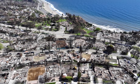 Burned homes next to the sea in California.