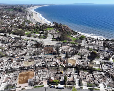 Destroyed homes near the shore in the Palisades, Los Angeles