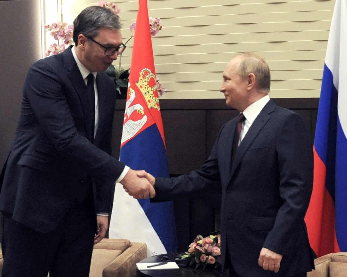 Putin and Vucic shake hands and smile, with Russian and Serbian flags behind them