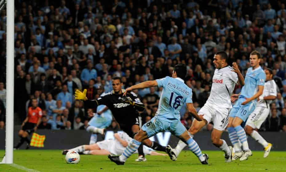 Sergio Agüero scores on his Manchester City debut against Swansea in August 2011.