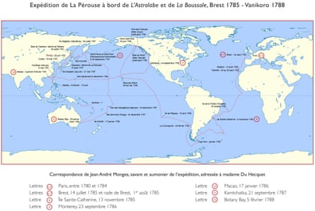 Map tracing La Pérouse’s 1785-1788 round-the-world expedition route with dated location labels
