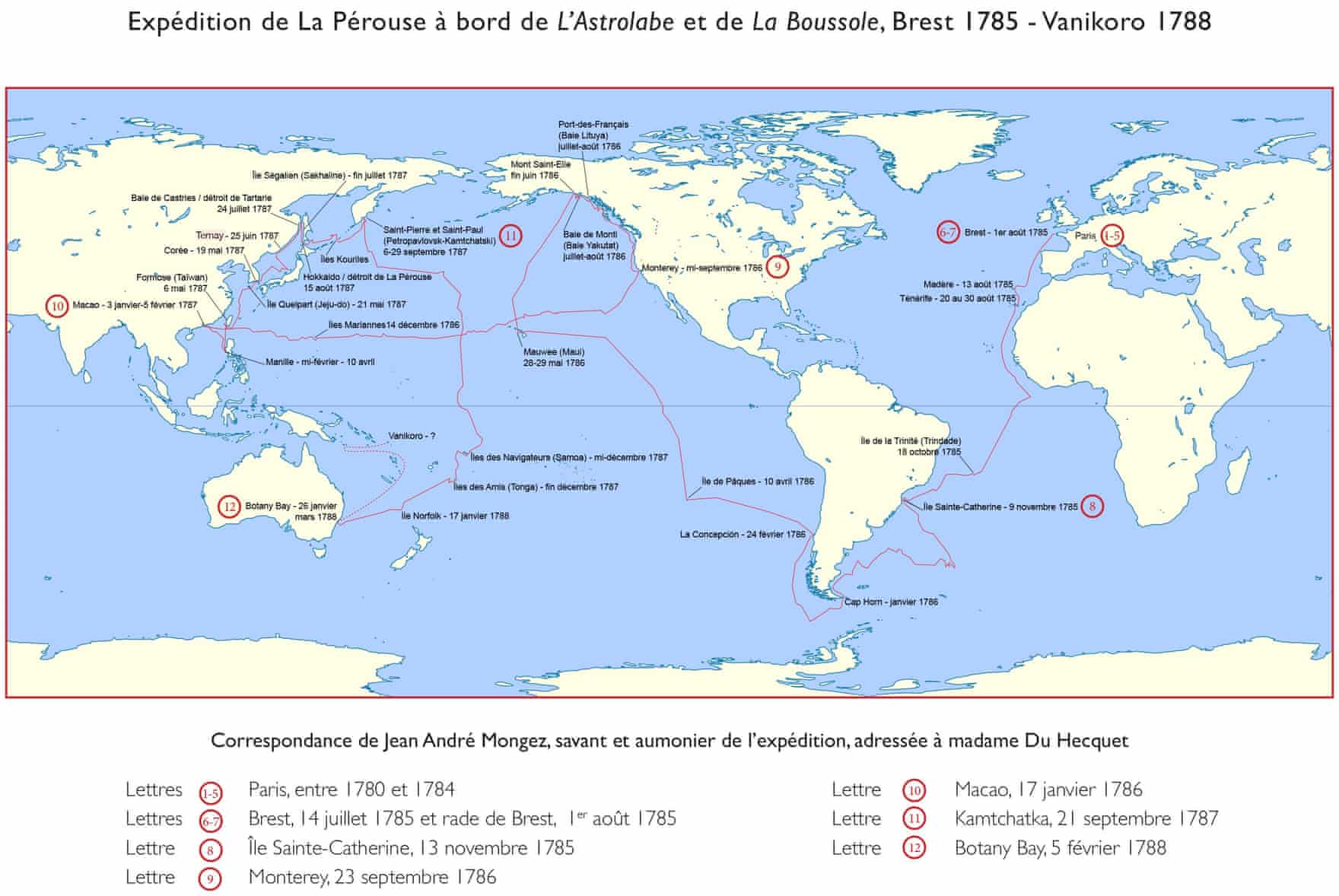 Map tracing La Pérouse’s 1785-1788 round-the-world expedition route with dated location labels