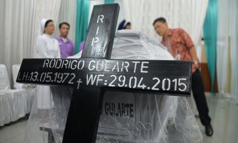 The coffin of executed Brazilian drug convict Rodrigo Gularte is placed at the hospital morgue in Jakarta