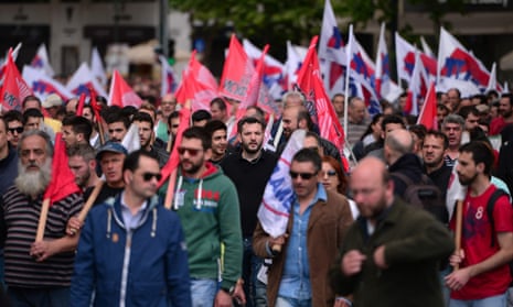 Protesters march towards the Greek parliament in Athens
