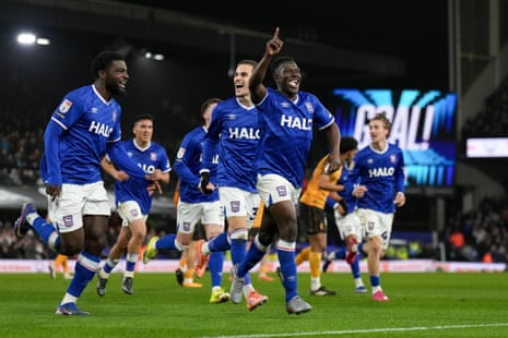 Azor Matusiwa (right) celebrates with his Ipswich Town teammates after he gives them the lead against Hull.