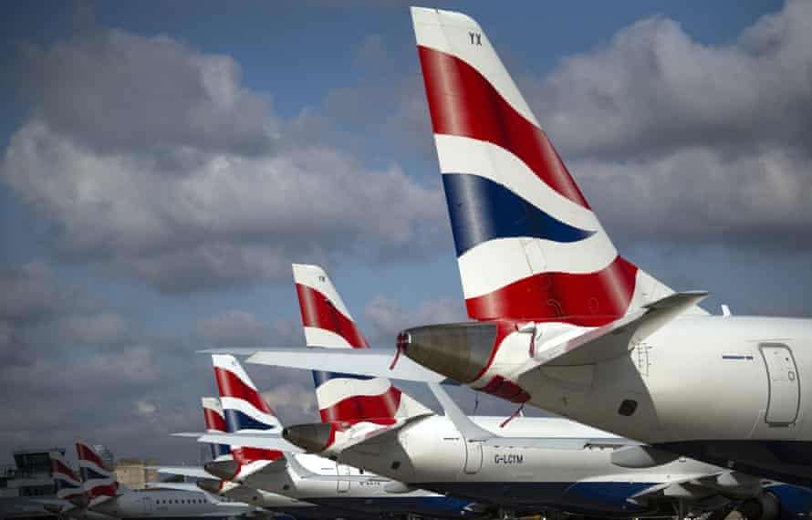 A line of British Airways planes at London City Airport in February 2022