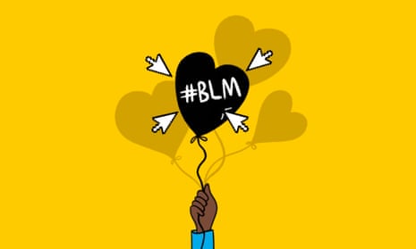Illustration of a hand holding a Black Lives Matter heart-shaped balloon