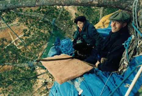 John Vidal up a very high tree at the Newbury bypass protests in the 90s.