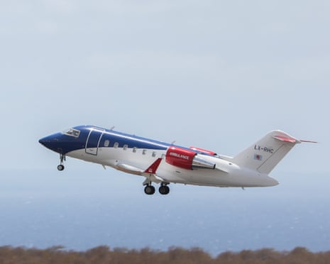 An air ambulance takes off from Nelson Mandela International Airport during the transfer of the three evacuated passengers from the Dutch cruise ship MV Hondius, on the island of Santiago, Cape Verde.