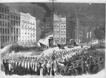 black and white drawing of people in capes marching