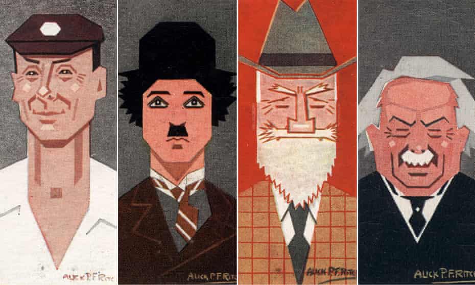 Alick PF Ritchie cigarette card illustrations of Jack Hobbs, Charlie Chaplin, George Bernard Shaw and David Lloyd George