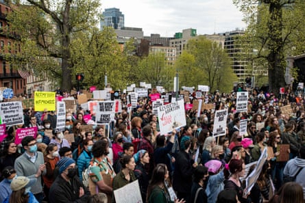 Demonstrators march through the streets of the city to show support and rally for abortion rights in Boston.