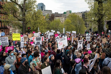 Demonstrators march through the streets of the city to show support and rally for abortion rights in Boston.