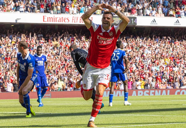 Granit Xhaka celebrates after scoring for Arsenal against Leicester.