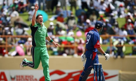 In his first spell playing for Ireland, Boyd Rankin dismisses the England captain Michael Vaughan at the 2007 World Cup in Guyana.
