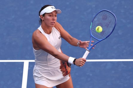 Jessica Pegula returns a changeable to Anna Blinkova during Wednesday’s match.