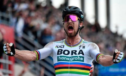 Sagan celebrates at the finishing line. ‘When I was younger, it was always my dream to win Paris-Roubaix’ he says.