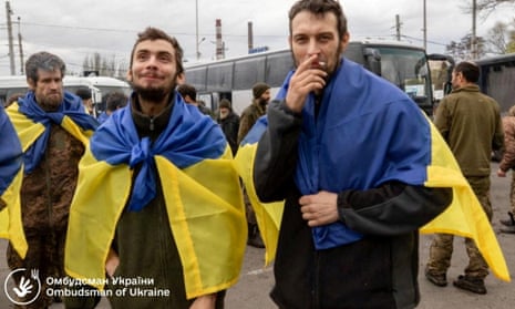 Ukrainian prisoners of war after the reported exchange at an unknown location in Ukraine
