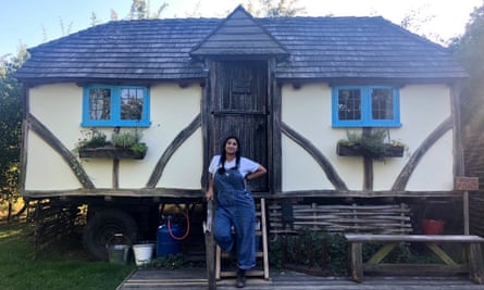 Writer Coco Khan outside the Meadow Keeper’s Cottage at Swallowtail Hill farm