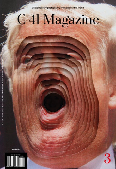 A photo collage showing multiple embedded concentric faces of Trump around a black hole in his mouth.