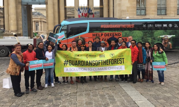 ‘Hope, courage and anger’: The Indigenous Guardians of the Forest caravan to Bonn, in front of the French National Assembly in Paris last week.  