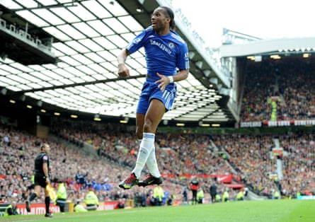 Didier Drogba celebrates scoring Chelsea’s second goal against Manchester United in April 2010.