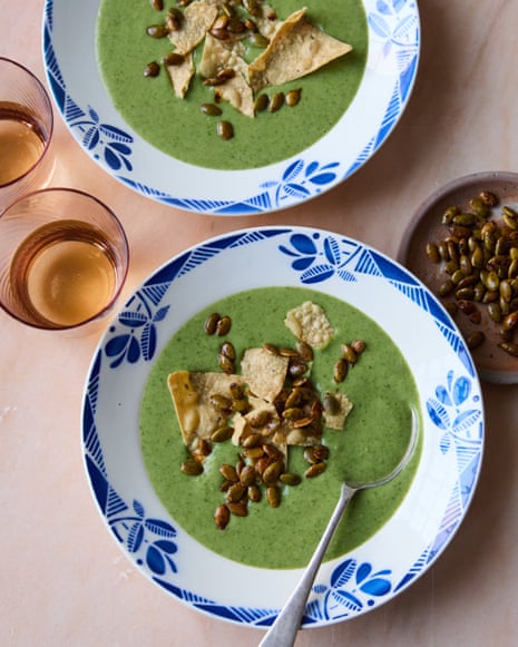 Helen Graves' spring onion soup with spiced pumpkin seeds and tortilla chips.
