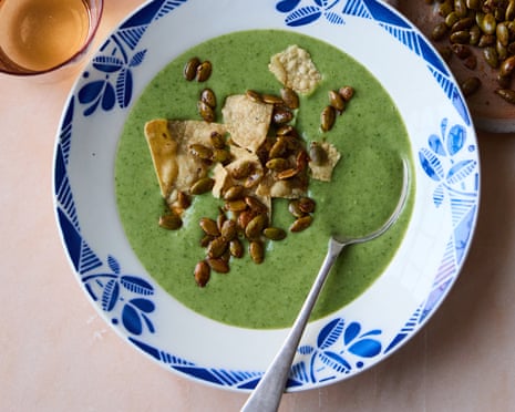 Helen Graves' spring onion soup with spiced pumpkin seeds and tortilla chips.