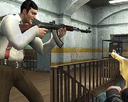 Screengrab of a man in a long-sleeved shirt and suspenders aiming a machine gun down stairs with another weapon trained on him