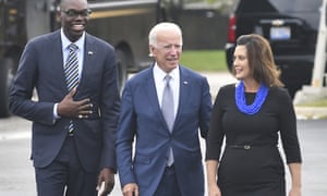 Gretchen Whitmer with former vice-president Joe Biden and, far left, Whitmer’s gubernatorial running mate Garland Gilchrist in 2018.
