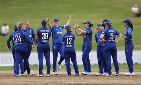 England celebrate victory over New Zealand in the second ODI at Seddon Park and a 2-0 series lead
