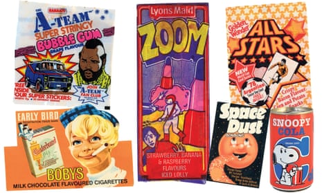 Barratts’ A-Team bubble gum, Lyons Maid Zoom ice lolly, Golden Wonder All Stars snacks, Barr’s Snoopy Cola, Krema’s Space Dust and Lyon’s Bobys chocolate cigarettes.