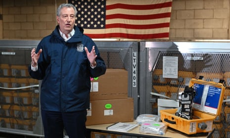 Bill de Blasio visits the New York City emergency management warehouse on 24 March 2020.