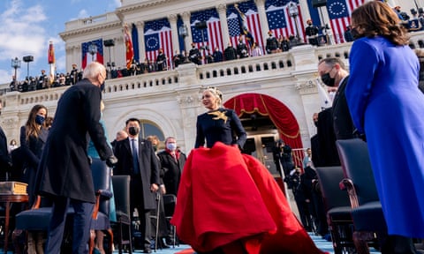 Lady Gaga between Joe Biden and Kamala Harris at the inauguration