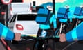 Illustration of a line of bicycle couriers with bags on their backs going between cars