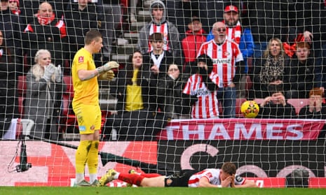 Sunderland keeper Anthony Patterson and teammate Daniel Ballard react after Ballard turned Joelinton’s cross into his own net to give Newcastle United the lead.