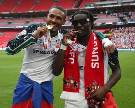 Sheffield United v Sunderland - Sky Bet Championship Play-Off Final, London, United Kingdom - 24 May 2025<br>RESTRICTED TO EDITORIAL USE. No use with unauthorized audio, video, data, fixture lists, club/league logos or 'live' services. Online in-match use limited to 120 images, no video emulation. No use in betting, games or single club/league/player publications
Mandatory Credit: Photo by MI News/NurPhoto/Shutterstock (15317922an)
Sunderland's Eliezer Mayenda and Sunderland's Wilson Isidor participate in the Sky Bet Championship Play Off Final match between Sheffield United and Sunderland at Wembley Stadium in London, England, on May 24, 2025.
Sheffield United v Sunderland - Sky Bet Championship Play-Off Final, London, United Kingdom - 24 May 2025